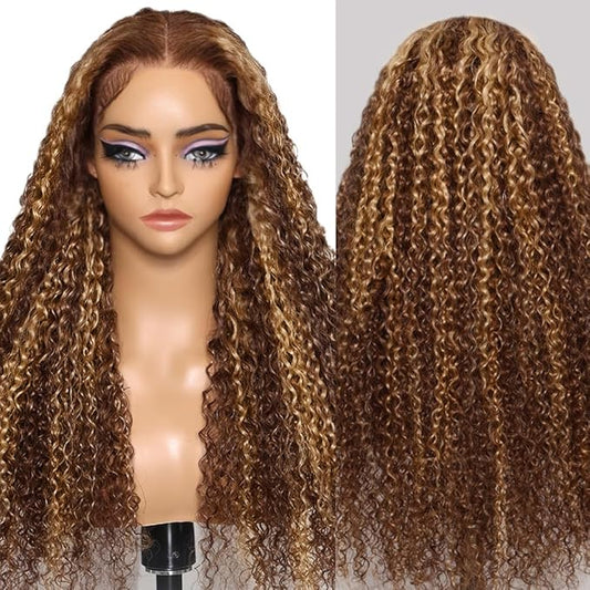 FABA Honey Blonde Highlights Lace Front Wigs Human Hair 28 Inch #4/27 Ombre Curly Human Hair Wig 180% Density Brown and Blonde for Women Highlight Deep Wave Human Hair Wig with Baby Hair