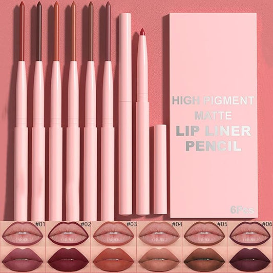 6 Color Lip Liner Set, Matte Finish, Velvet Hyperpigment Lip Liner Pencil, Used to Shape and Sculpt Lips, Long-Lasting Waterproof Daily Makeup Lip Liners (Set A)