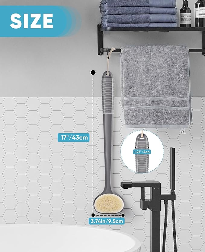 Back Scrubber for Shower with 17" Long Handle, Non-Slip Grip Shower Brush, Moderate Bristles Body Brush for Gentle Exfoliation, Back Brush for Shower Men & Women – Grey