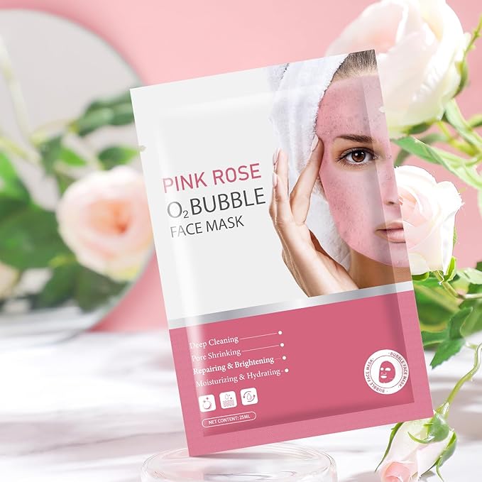 IREV Pack of 10 Pink Rose O2 Bubble Face Masks Skincare - Spa Gifts for Women - Bubble Face Sheet Mask Cleaner Foaming Purifying Facial Mask for Acne and Pores Moisturizing Beauty Sheet Masks