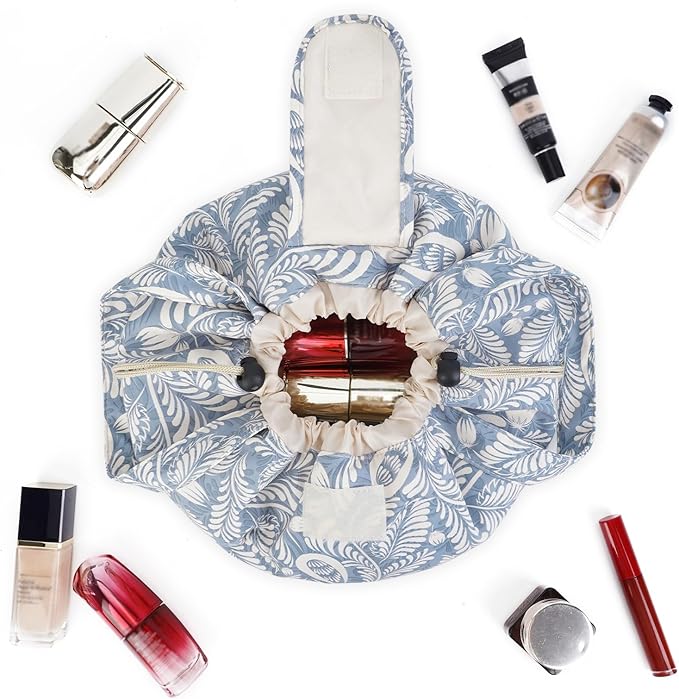 Barrel Drawstring Makeup Bag Large Cosmetic Bag Make up Bags Toiletry Organizer for Women (Blue Leaf) (Patent)