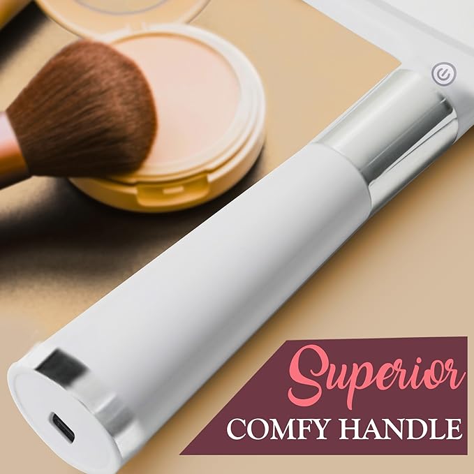 MIRRORVANA® Lighted Travel Hand Mirror with Comfy Handle and Detachable Stand - Portable, Thin and Lightweight Design - Rechargeable with 3 LED Light Settings - 9" x 13" (White)