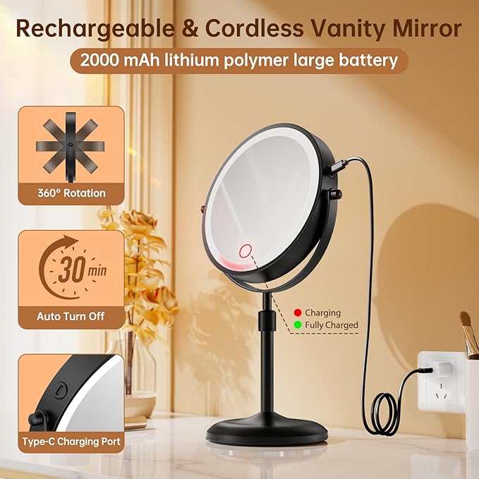 Gospire 7" Lighted Makeup Mirror with Magnification 10X/1X, Height Adjustable & 3 Color Dimmable Lights, 360Β° Swivel Double Sided Light up Rechargeable LED Cosmetic Vanity Cordless Standing