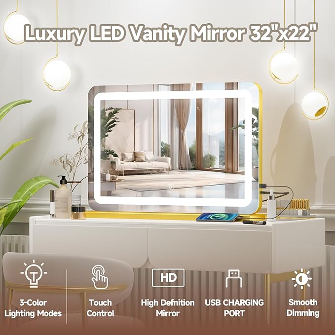 Large Vanity Mirror with Lights 32"x22", Lighted Makeup Mirror, Wall-mounted Hollywood Vanity Mirrors, Touch Sensor, 3-Color Lighting, 5X Magnification, USB Port for Vanity Desk Tabletop, Salon, Gold