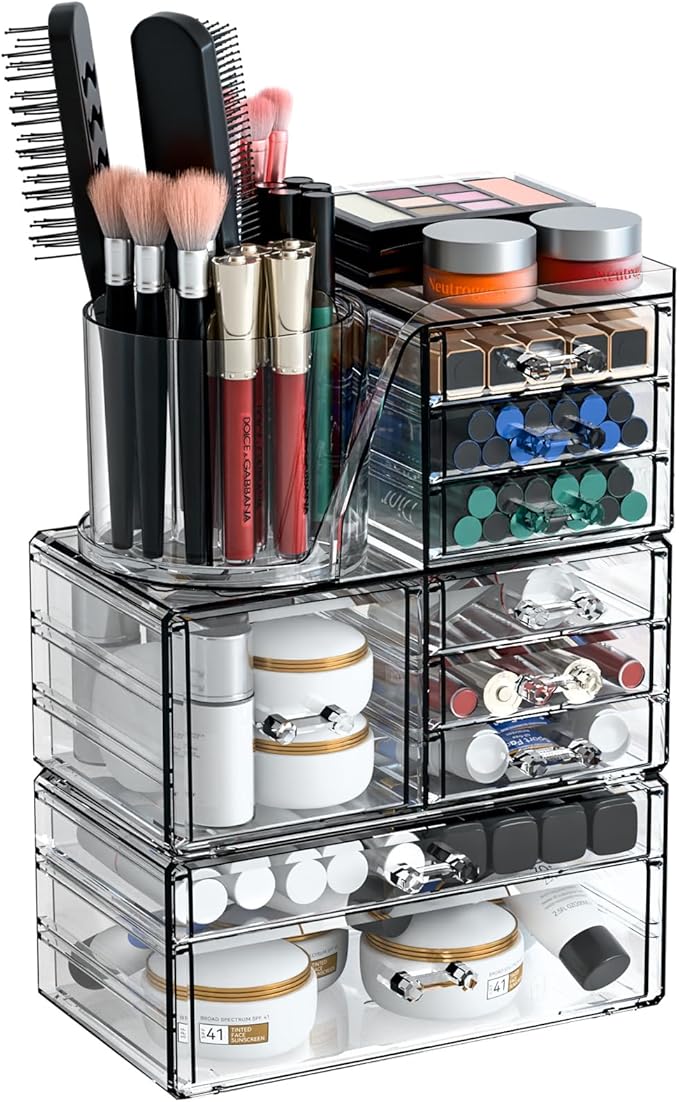 3 Pack Clear Makeup Organizer Countertop,9 Drawers Bathroom Vanity Organizer with Make up Brush Holder,Make up Organizers for Counter,Skincare Organizers for Dresser Top Beauty,Hair Product Organizer