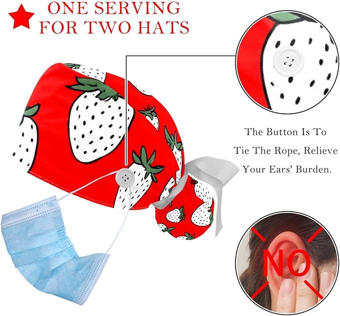 2 PCS Bouffant Cap with Button Ponytail Pouch Working Cap Sweatband Adjustable Surgical Cap Black and White Cow