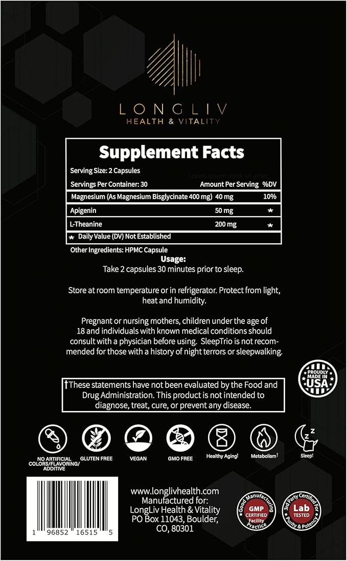 Sleep Trio - Made in USA Magnesium Apigenin L-Theanine Capsules β Premium 3-in-1 Cocktail for Sleep Management - Sleep Cocktail β Without Melatonin - 60 Capsules
