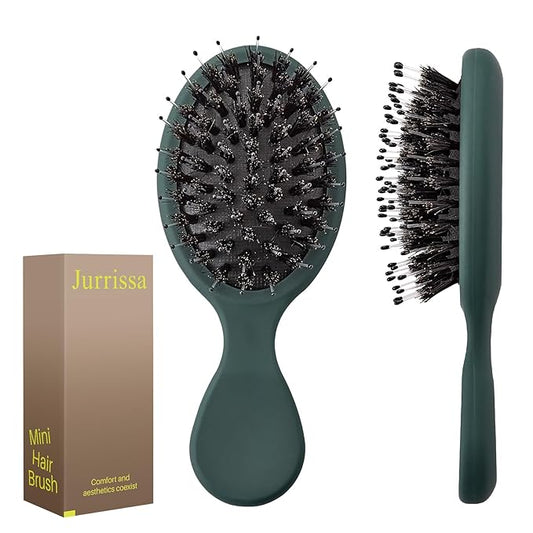 Mini Boar Bristles Hair Bursh, Travel Size Hair Brush for Women Men Kids, Protable Small Hair Brush for Pockets Purses, Mini Detangler Brush for Smooth Add Shine (1 Pack-Green)