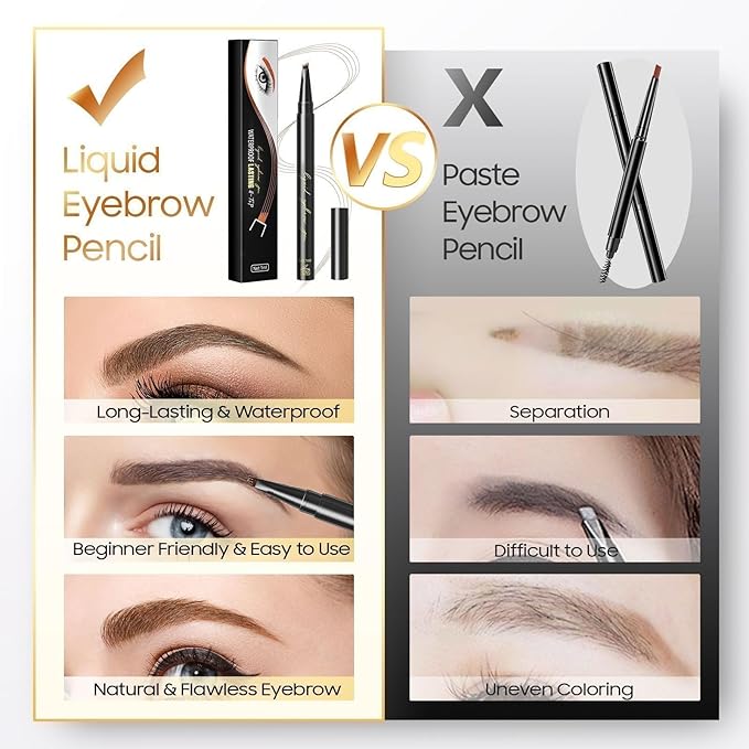 Eyebrow Pencil Eyebrow Microblading Pen - Eye Makeup Brow Pen Liquid Pencil with 4 Micro-Fork Tip, Waterproof & Long-Lasting & Smudge-Proof Brow Pencil, Voluminous Hair Stays on All Day (Light brown)