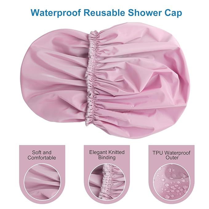 Shower Cap for Women Set of 4, 1 Double-Layer Waterproof Bath Cap + 3 Single-Layer Waterproof Shower Caps β Reusable Hair Protector, TPU Coated Elastic Bathing Cap for Women & Men - Purple