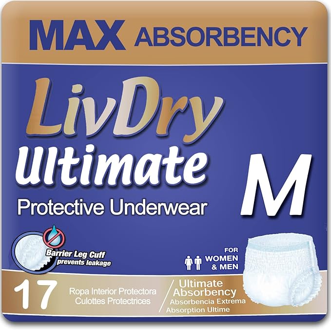 LivDry Ultimate Adult Incontinence Underwear, Max Absorbent Adult Diapers with Leak Protection, Medium, 17-Pack