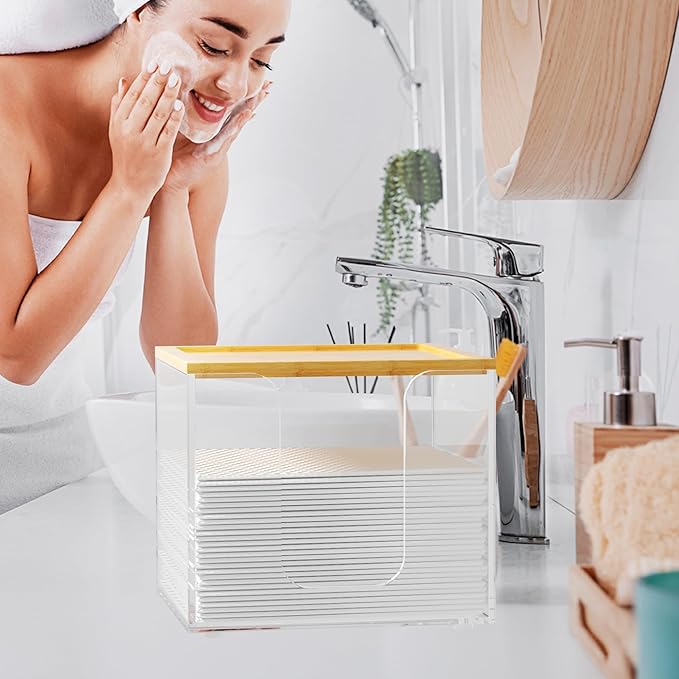 VITVITI Disposable Face Towel Holder Box, Acrylic Facial Container for XL Clean Skin Club, Large Storage With Bamboo Lid, for Bathroom, Vanity Makeup, Clear