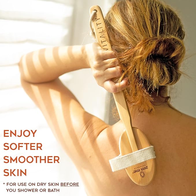 Dry Brushing Body Brush Set by Zen Me - Natural Exfoliation Kit with Premium Boar Bristle Brush, Shower Gloves, Konjac Facial Sponge & Foot File - for Lymphatic Drainage - Great Gift Set