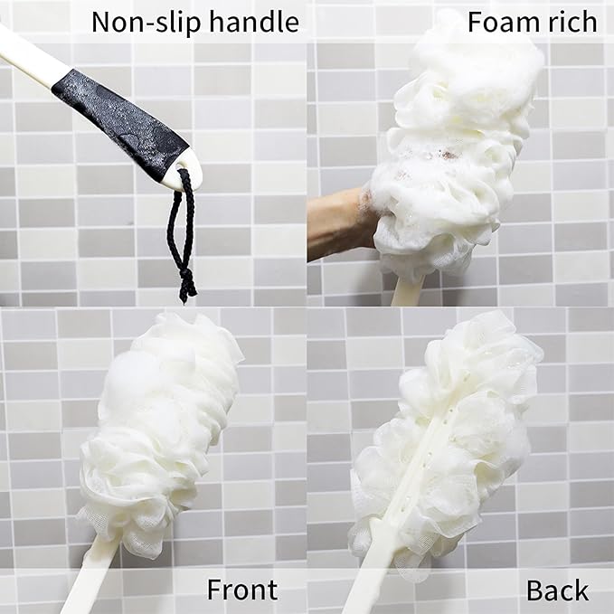 2Pack Back Scrubber for Shower, Loofah with Handle, Back Loofah Non-Slip Handle, Bath Body Brush, Scrub Cleaning Brush for Shower, Soft Mesh Sponge On a Stick for Men Women Elderly (Two White)