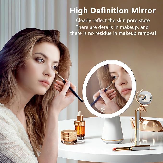 Makeup Mirror with Lights, Make Up Desk Mirror with Rechargeable Touch Control 3 Levels Adjustable Brightness, Lighted Mirror for Desk, Dresser, Gift for Women, Wife, Girlfriend