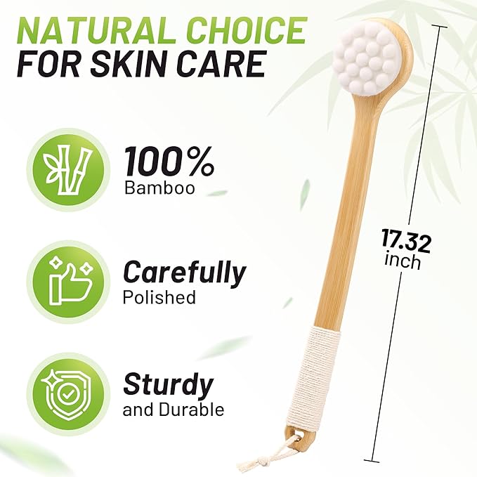 Back Scrubber for Shower 17.32'', Soft Bristles Bamboo Shower Brush for Men Women, Long Curved Handle Bath Brush for Exfoliating, Smooth Skin & Back Scrubbing Gift for Older