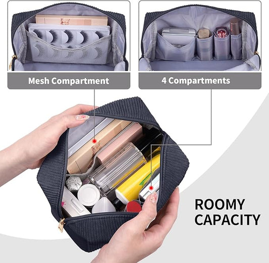 MAGEFY Small Makeup Bag for Purse Portable Makeup Pouch with Compartments Corduroy Make up Bag for Women Travel Cosmetic Essential (Dark Gray, SKIN)
