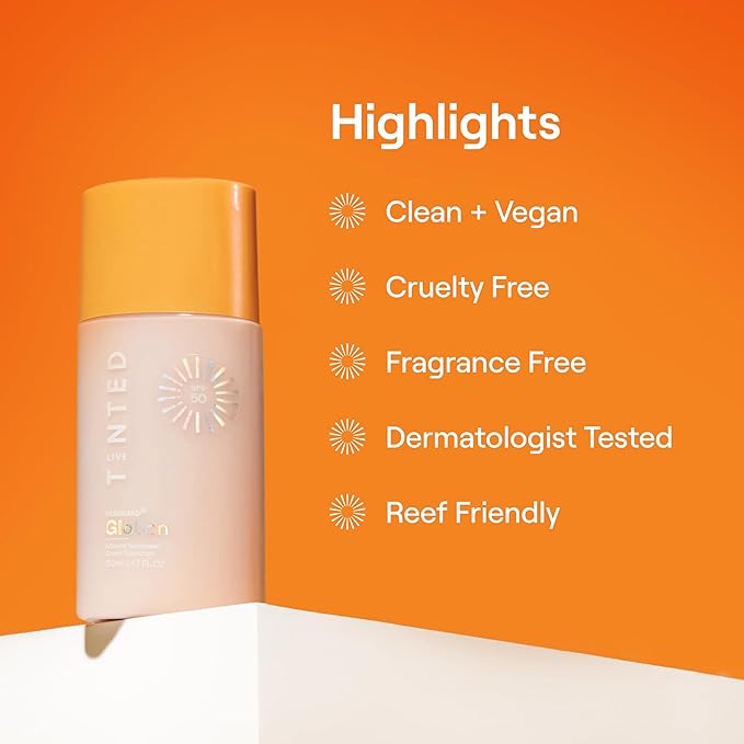 Live Tinted Hueguard Glotion Mineral Tinted Sunscreen For Face SPF 50 β Lightweight Fragrance-Free Sunscreen β Clean & Vegan Primer With SPF - Light Medium .5 FL Oz