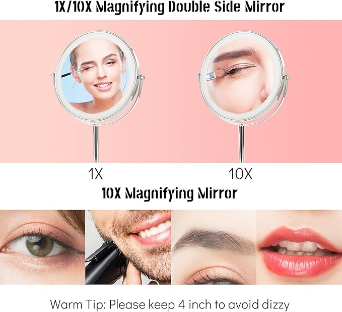 8" Lighted Makeup Mirror with Magnification, 1X/10X Magnifying Mirror with Light, Double Sided 360Β° Cordless Rechargeable, 3 Colors Brightness Adjustable Makeup Mirror with Lights with 52 LED(Silver)