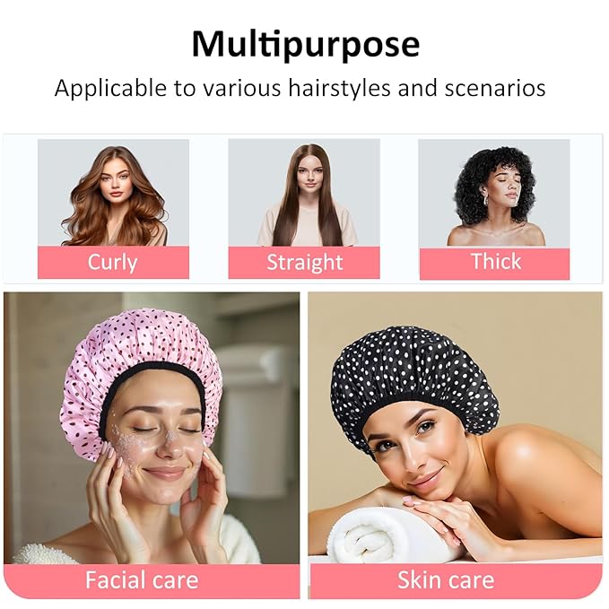 2-Pack Reusable Waterproof Shower Caps for Women, Double-Layer Elastic Bath hat,Extra Large Hair Cap for Long Curly HairοΌBlack, PinkοΌ