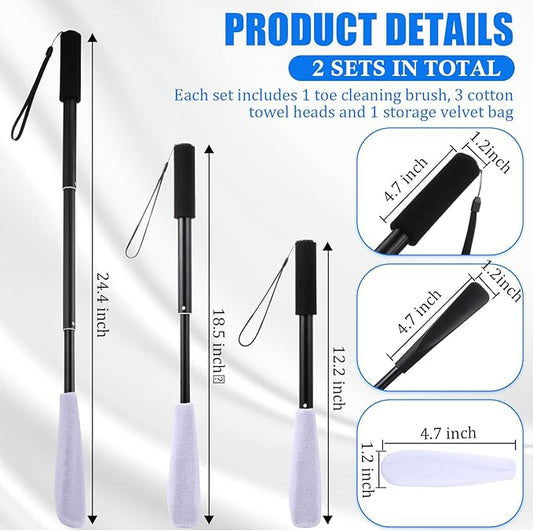 Sunnyray 2 Set Toe Cleaning Brush with Reusable Drying Covers Foot Cleaner with Telescopic Aluminum Alloy 12-24 Inch Long Handled Toe Lotion Applicator for Seniors Elderly Disabled Men and Women