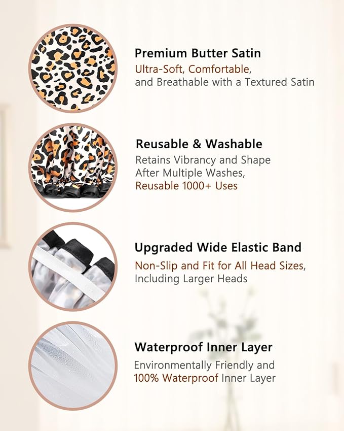 mikimini Leopard Large Shower Caps Pack of 2, Shower Cap for Women Long Hair with Black Lace, Double-layer Waterproof, Reusable, Washable