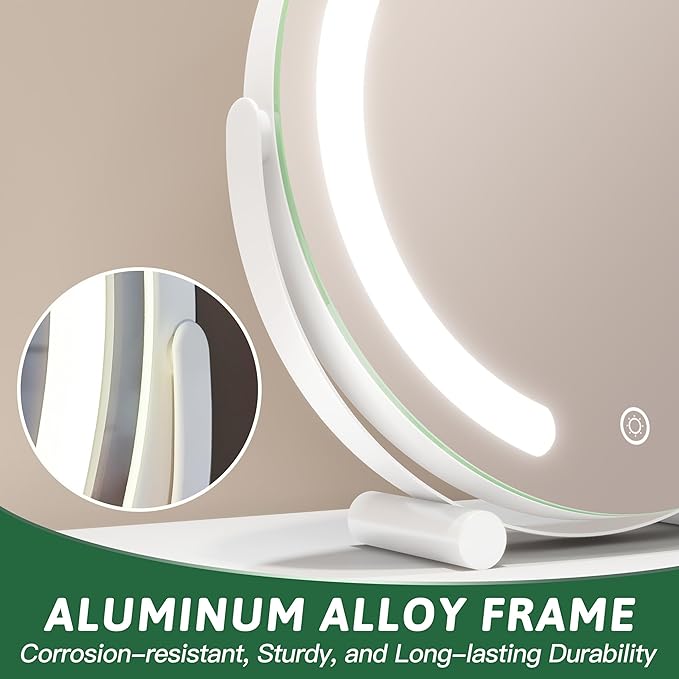 Vanity Mirror with Lights, 12 Inch Light Up Makeup Mirror, LED Makeup Mirror with Lights for Bedroom Tabletop, Smart Touch Control 3 Colors Dimmable, 360Β° Rotation, White