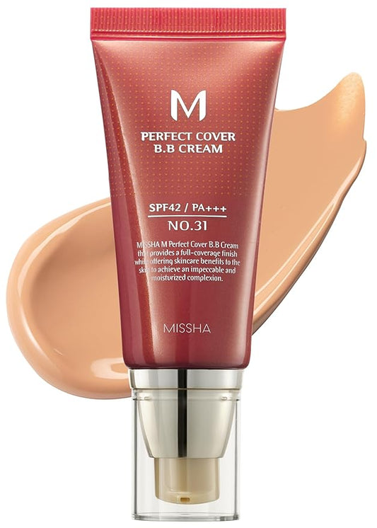 MISSHA M Perfect Cover BB Cream No 31.Golden Beige - Medium/Tan with Neutral Undertone SPF 42 PA +++ 1.69 Fl Oz - Tinted Moisturizer with SPF