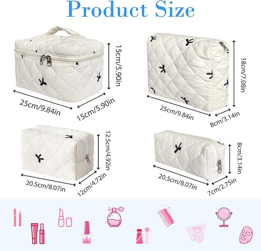 4 Piece Cute Bow Embroidered Quilted Makeup Bag Set, Large Capacity Travel Makeup Bags for Women and Girls, Includes Small, Small-Medium,Medium, and Extra Large aesthetic makeup&Cosmetic Bags