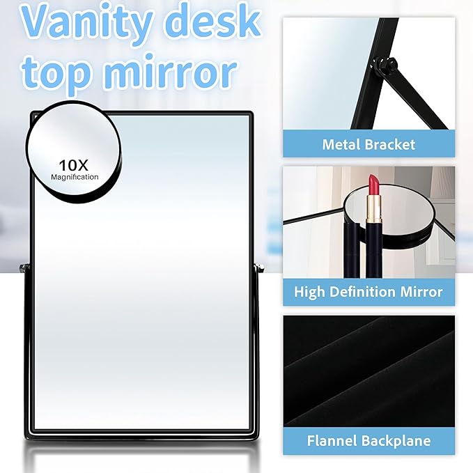 Desk Mirror, Tabletop Vanity Mirror, 360°Adjustable Rotation Vintage Metal Framed Table Mirror with Stand and 10X Magnifying, Room for Living Room, Bedroom, Tabletop, Bathroom (Black Rectangle)