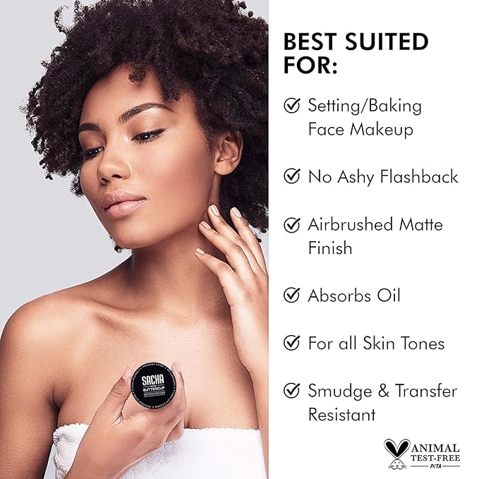 Sacha BUTTERCUP RosΓ© Mini Setting Powder. No Ashy Flashback. Blurs Fine Lines and Pores. Loose, Translucent Face Powder to Set Makeup Foundation or Concealer. For All Skin Tones, 0.35 oz.