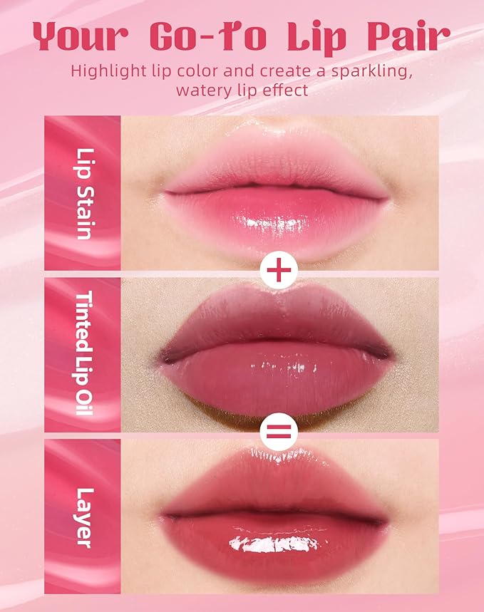 Tinted Lip Oil & Lip Stain Set, Korean Makeup, Smudge-Proof,Long-Wearing, 2-in-1 Cheek and Lip Tint with Moisturizing, High-Shine, Lightweight & Non-Sticky for Dry Lips, Cruelty-Free & Vegan