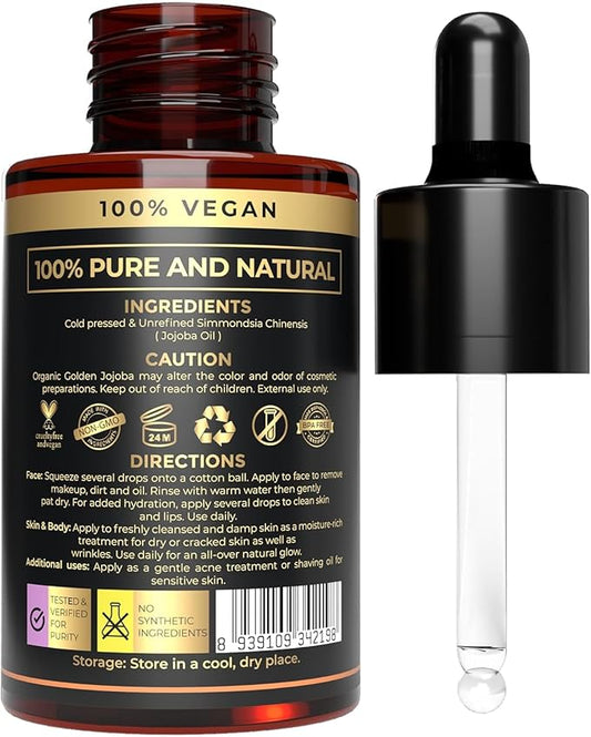 100% Plant Based Jojoba Oil Organic for Hair, Skin, Face & Nails | Aceite de Jojoba | Cold Pressed, Unrefined Body Oil for Deep Moisturizing, Anti-Aging & Scalp Nourishment | Natural Makeup Remover