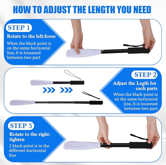Sunnyray 2 Set Toe Cleaning Brush with Reusable Drying Covers Foot Cleaner with Telescopic Aluminum Alloy 12-24 Inch Long Handled Toe Lotion Applicator for Seniors Elderly Disabled Men and Women