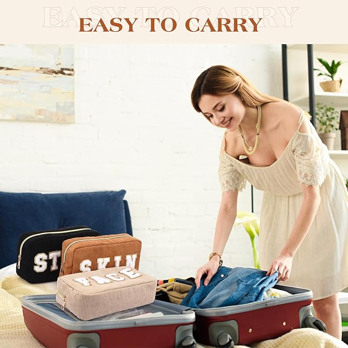 4 Pcs Preppy Patch Makeup Bag Corduroy Cosmetic Bag Makeup Accessories Skincare Pouch Chenille Letter Portable Zipper Face Pouch Cute Toiletry for Women Travel(Dark Color)