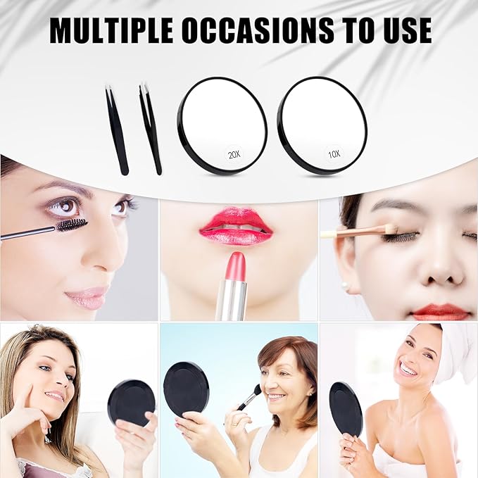 10x 20x Magnifying Mirror,Makeup Mirror 3.46 Inch Magnifying Mirror with Tweezers Kit Portable Mini Travel Magnifying Mirror with Suction Cup Design for Women Men (Black)