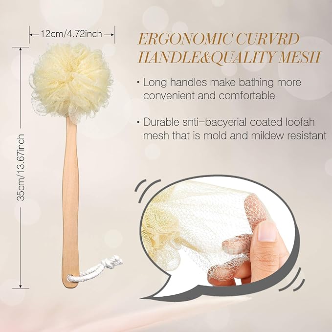 4 Pieces Loofah Back Scrubber Bath Sponge with Wooden Handle Long Handle Sponge Mesh on a Stick for Shower Exfoliating Bath Body Brush Luffa Back Brush for Women Men