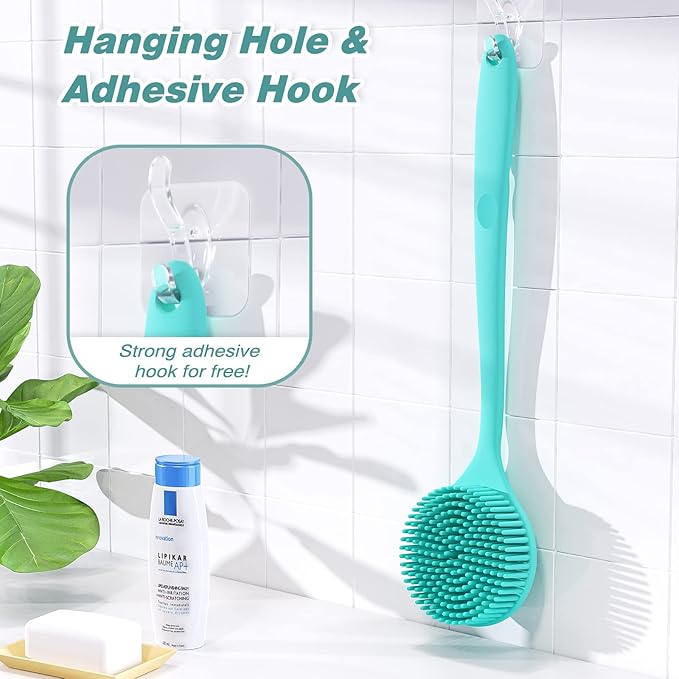 Manmihealth Silicone Back Scrubber for Shower(Thick Bristles), Body Scrubber with 15'' Long Handle, Light & Easy-to-Hold Shower Brush for Skin Exfoliating and Massaging, Not Good in Lathering. (Blue)