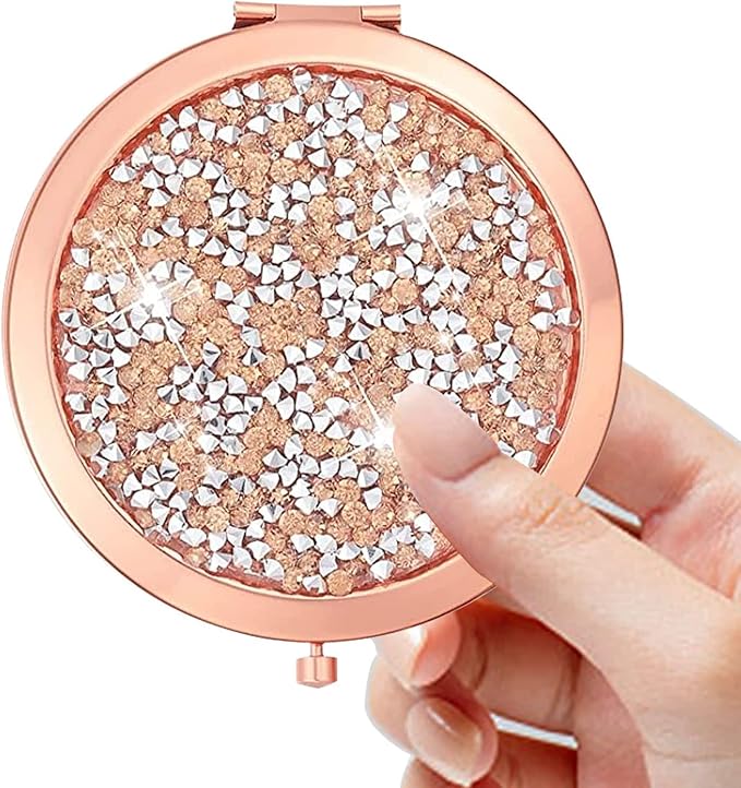 Magnifying Rose Gold Compact Mirror - Mix Diamond Mirrors 1x/2x Magnification Travel Makeup Mirrors,Double Sided Small Pocket Mirror,Folding Purse Mirror,Cosmetic Mirror for Gift
