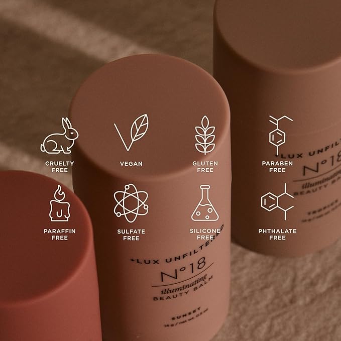 + Lux Unfiltered N°18 Illuminating Beauty Balm - Cream Blush Stick with Mango Butter - Buildable and Blendable Shimmer Blush Makeup Stick - Vegan & Cruelty Free - Sunset (A Sheer Sun Kissed Glow)