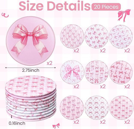 20 Pcs Pink Bow Coquette Compact Mirrors Bulk 2.76 Inch Round Portable Pocket Makeup Mirror Party Favors Gifts for Women Mother Bridal Shower Bachelorette Quinceanera Party Decor