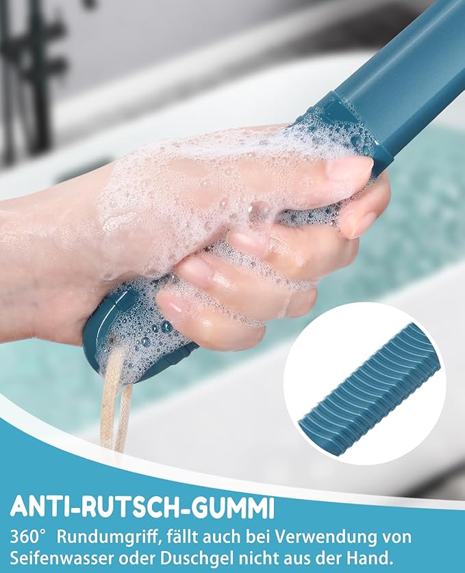Shower Back Brush, Long Handle with Non-Slip Plastic, Moderate Bristles, Navy Blue