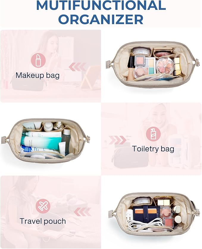 BAGSMART Makeup Bag Travel Toiletry Bag, Puffy Padded Make Up Bags for Women Makeup Organizer Case, Wide-open Pouch Purse Travel Essentials Toiletries Accessories Brushes, Camel