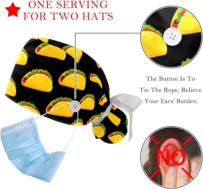 2 PCS Bouffant Cap with Button Ponytail Pouch Working Cap Sweatband Adjustable Surgical Cap Black and White Cow