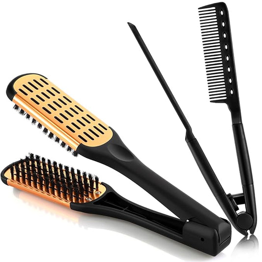 CHENGU 2 Pcs Hair Straightening Combs, Boar Bristles Clamp Double Sided Brush & V Shaped Styling Hair Comb, For Straightening Knotty Unkempt Hair (Gold, Black)