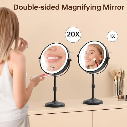 9" Magnifying Mirror with Lights 20X, Height Adjustable Lighted Makeup Mirror with Magnification, 5000mAh Rechargeable Battery, Dimmable, 3 Lighting Colors, Black