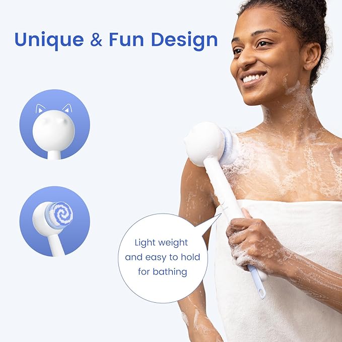 Electric Shower Brush for Body Back Scrubber, Automatic Body Scrubber, Rechargeable Bath Brush with 2 Heads, 3 Speeds & Waterproof, for Cleansing, Massaging, Exfoliating, Coconut Milk White