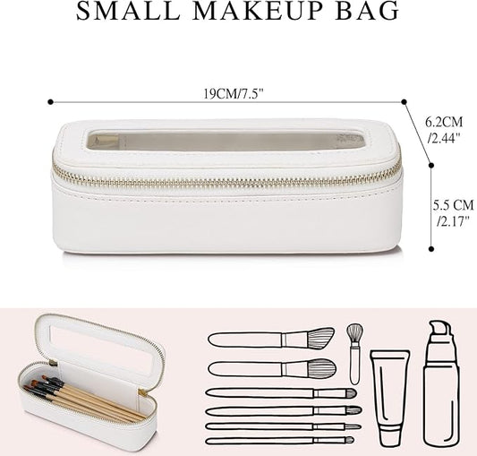 Makeup Brush Case Clear Travel Cosmetic & Toiletry Bag Slim Makeup Bag with Zipper Small Purse Organizer Car Essential Bag for Women (White, SLIM-3)