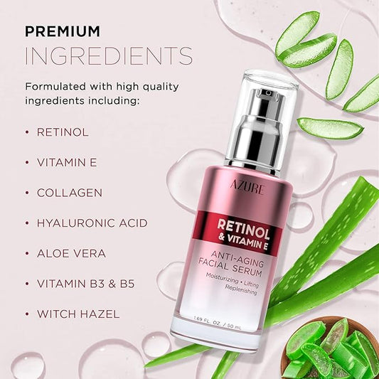 Azure Cosmetics Retinol Serum For Face - Dermatologist Tested, Anti Aging for Dark Spots & Skin Smoothing - Vitamin E for Replenishing & Skin Renewal - Vegan, Clean Beauty, Korean Skin Care - 2 Pack