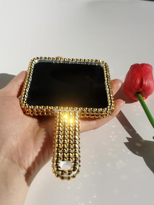 Sparkling Rhinestone Handheld Mirror Bling Hand Mirror Adorable Decorative Cosmetic Hand Mirror with Handle Glitter Makeup Mirror, Meaningful Gifts for Women Girls Golden